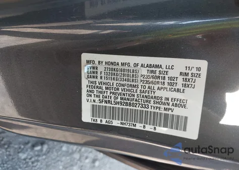 2011 Honda Odyssey Touring/Touring Elite from USA, damaged, VIN 5FNRL5H92BB027333